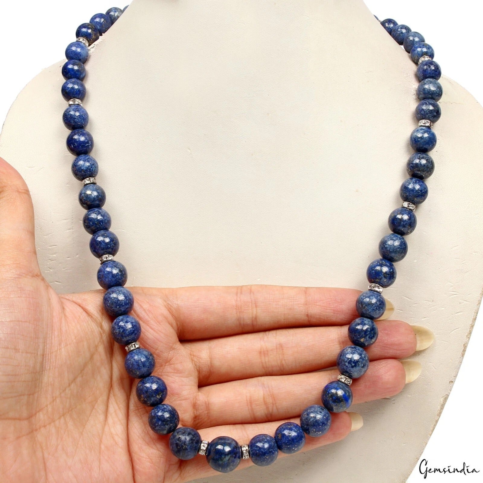 490Ct Natural Blue Lapis Lazuli Round Cab Beaded Handmade Single Strand Necklace