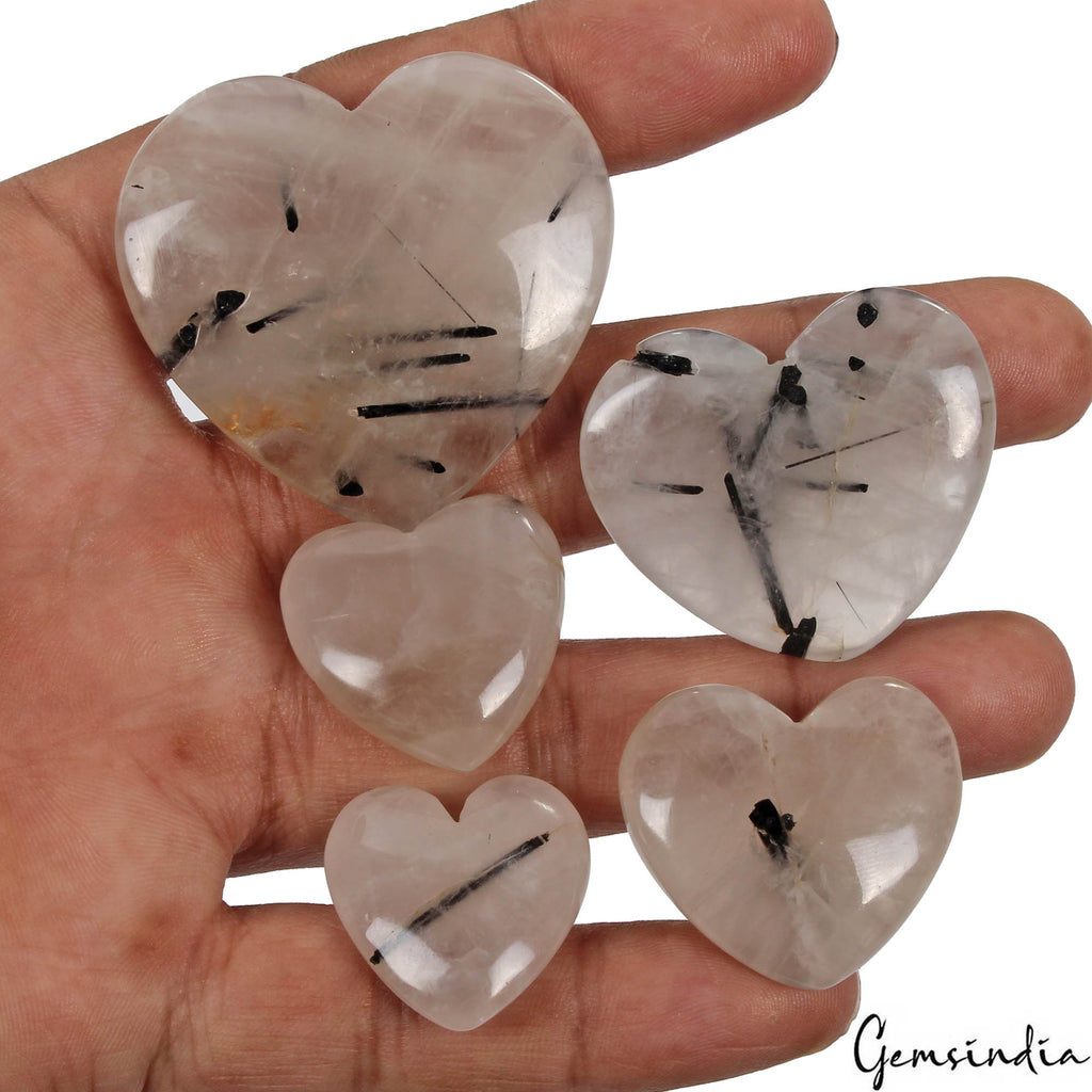 360 Cts/5 Pcs Natural Untreated Rutile Quartz Heart Shape Loose Gems For Jewelry