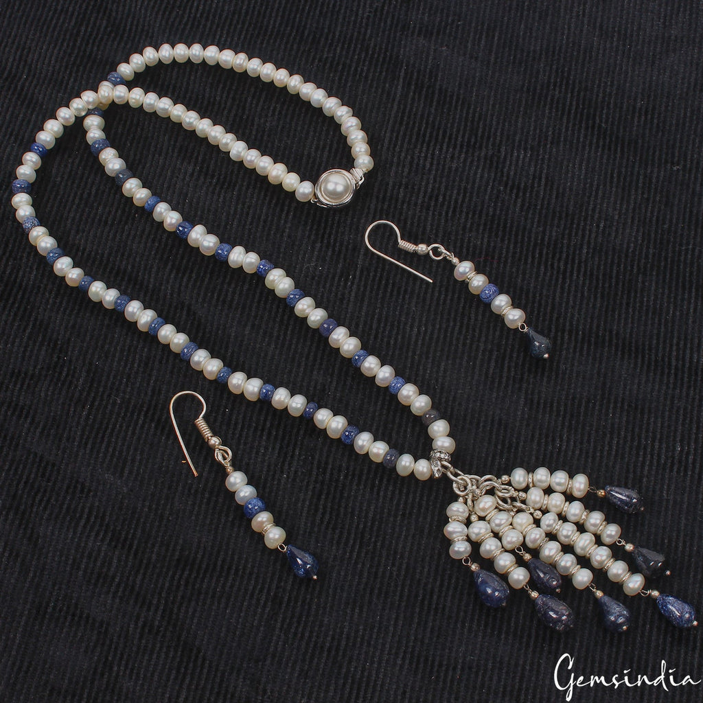 225 Ct Natural Freshwater Pearl Blue Sapphire Bead Handmade Designer Jewelry Set