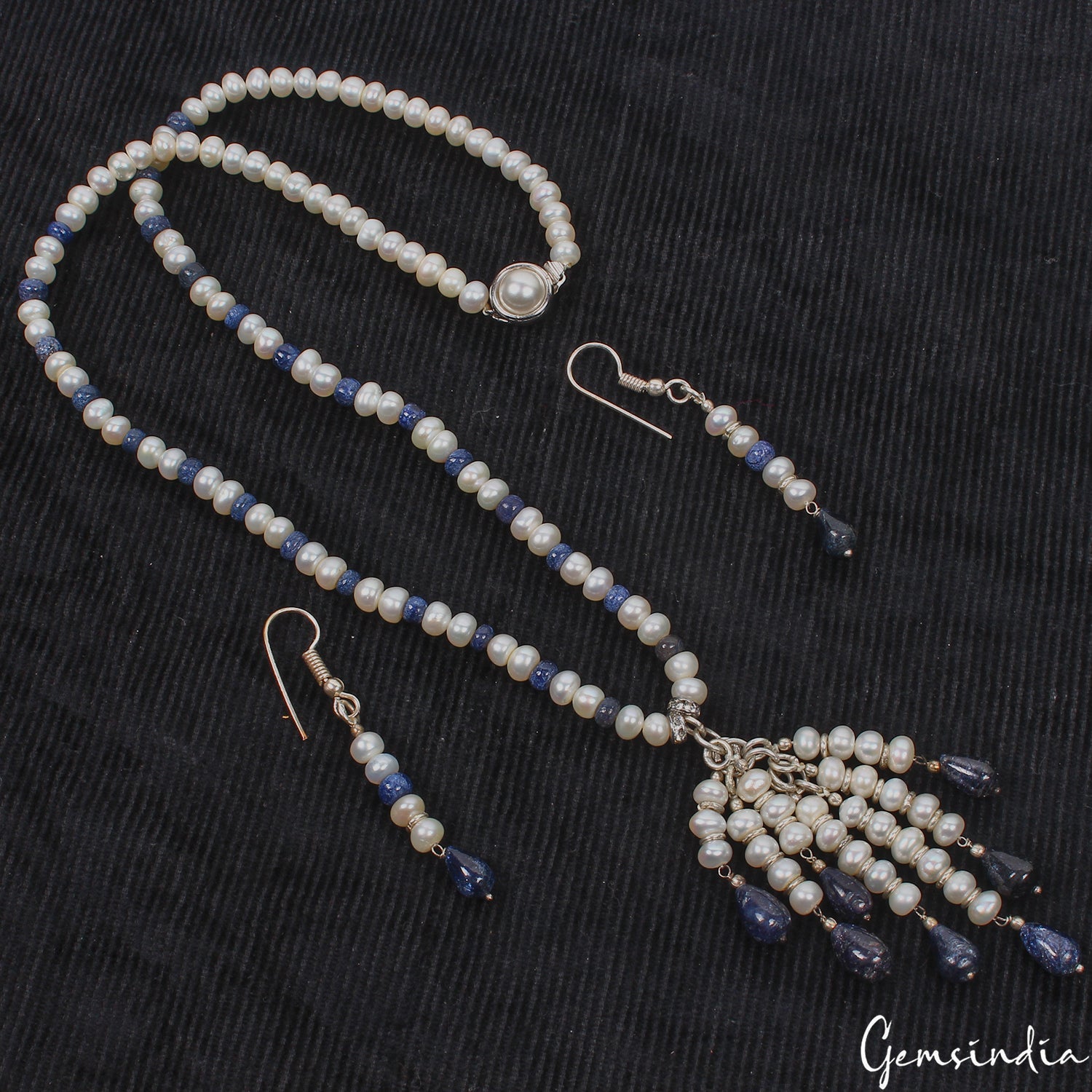 225 Ct Natural Freshwater Pearl Blue Sapphire Bead Handmade Designer Jewelry Set