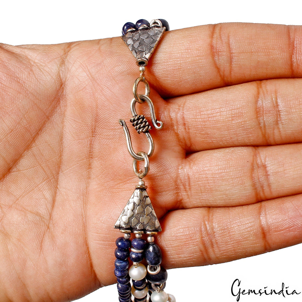 19" Handmade 3 Lines Natural Sapphire Pearl Necklace Earrings jewelry set~452 Ct