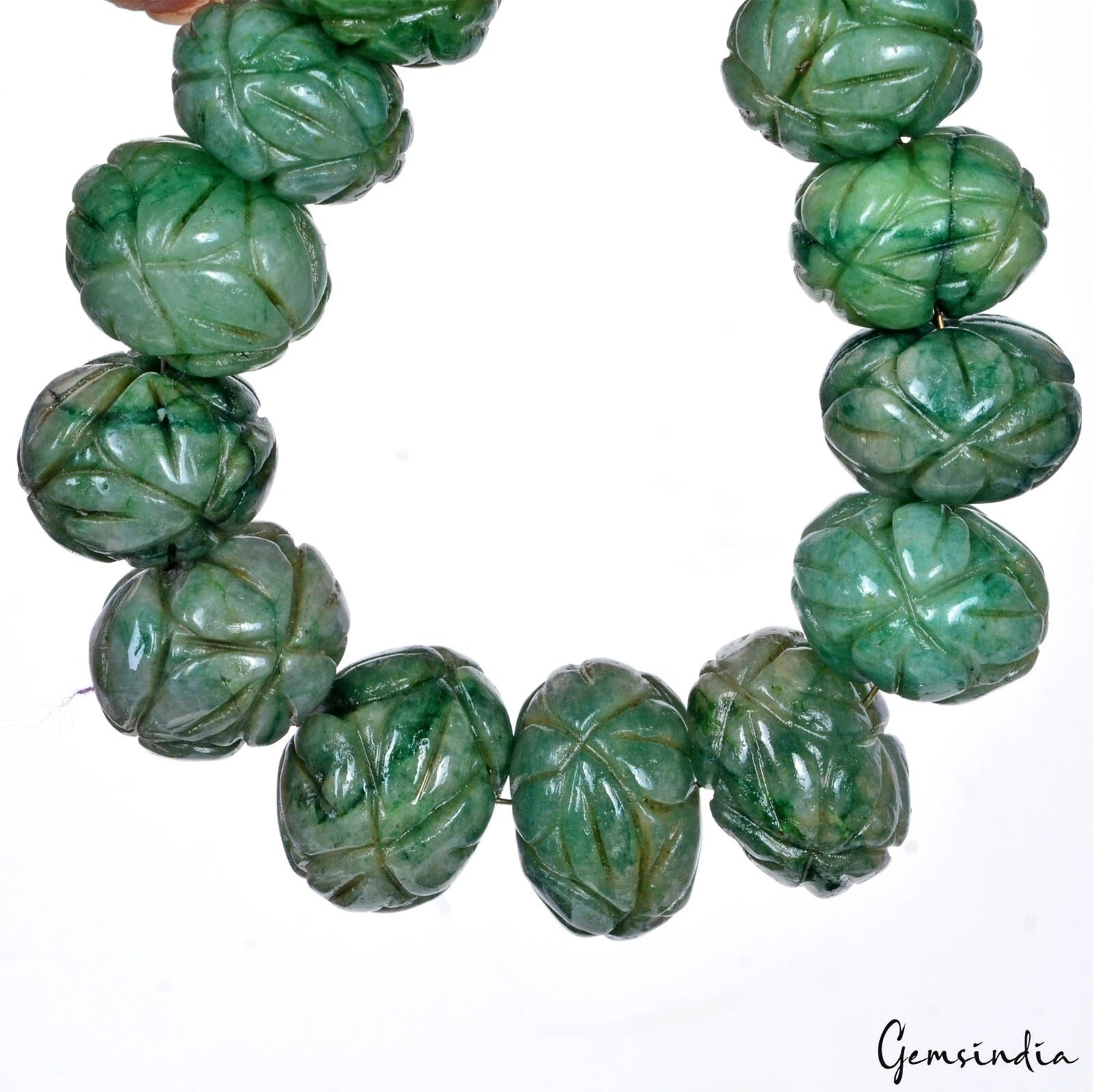 Share 650 Cts/24 Pcs Natural Green Emerald Gems Round Drilled Carved Beads Loose