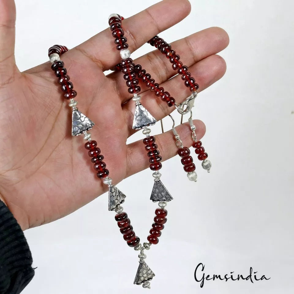 237+Cts Natural Untreated Wine Red Garnet Round Cab Beaded Handmade Jewelry Set