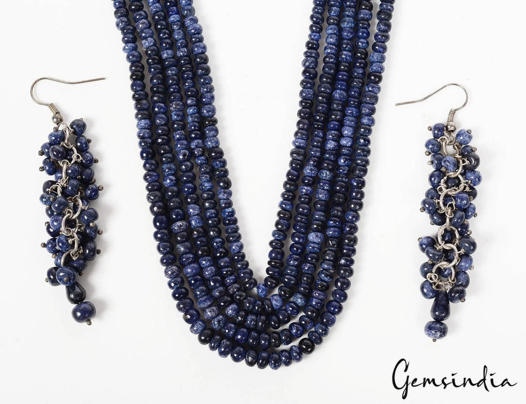 560 Cts Earth Mined 5 Strand Blue Sapphire Round Cab Beads Necklace w/ Earrings