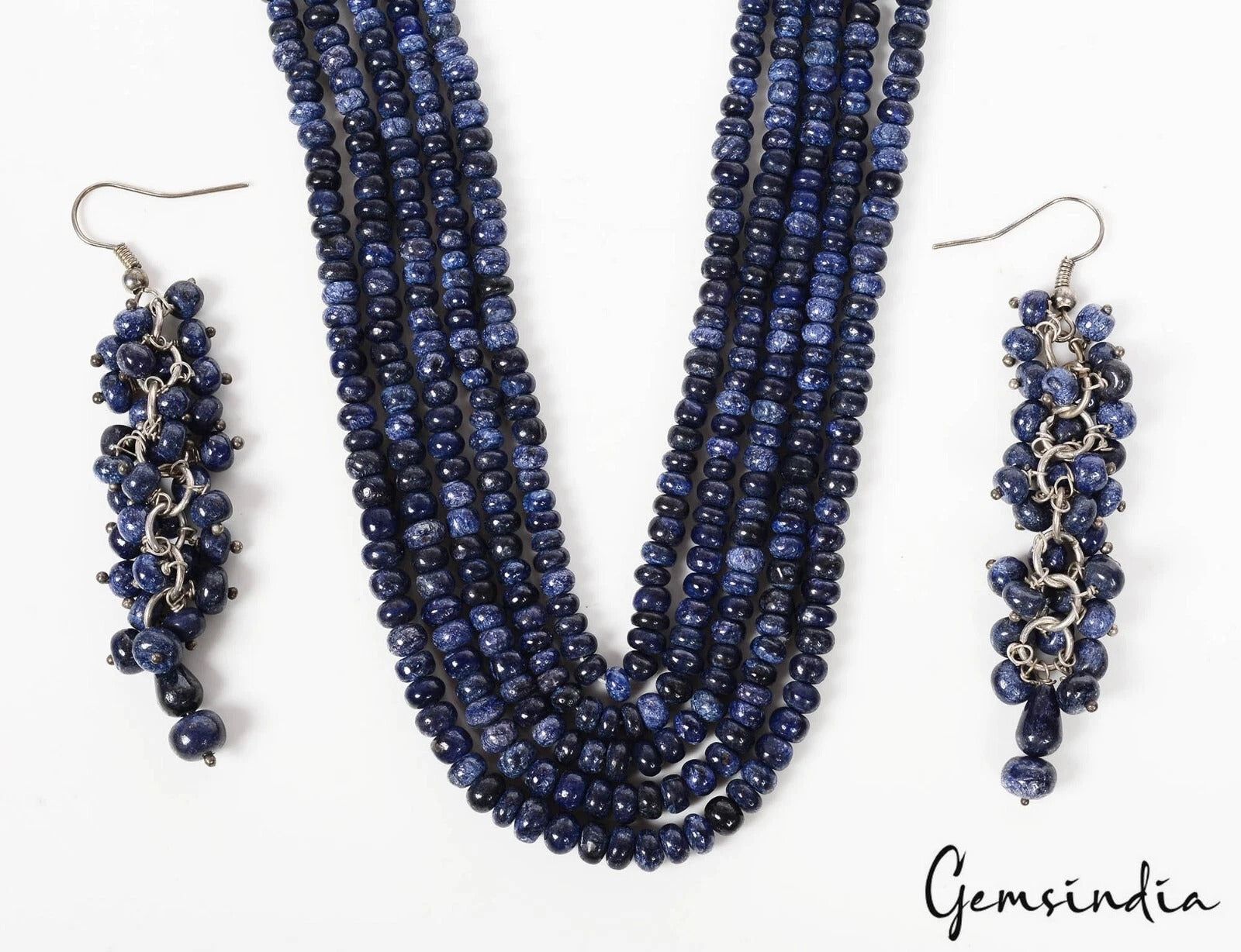 560 Cts Earth Mined 5 Strand Blue Sapphire Round Cab Beads Necklace w/ Earrings
