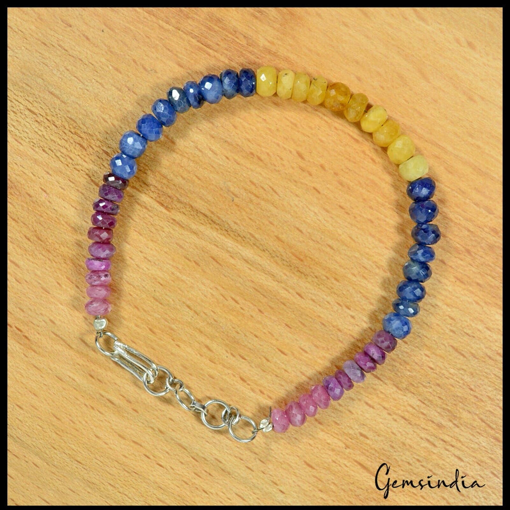 7.5" Natural Ruby Sapphire Handmade Multi gemstones Beaded Single Line Bracelet