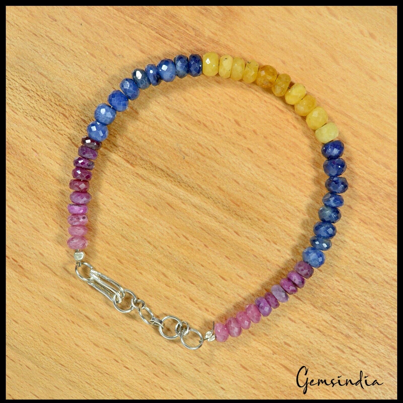 7.5" Natural Ruby Sapphire Handmade Multi gemstones Beaded Single Line Bracelet