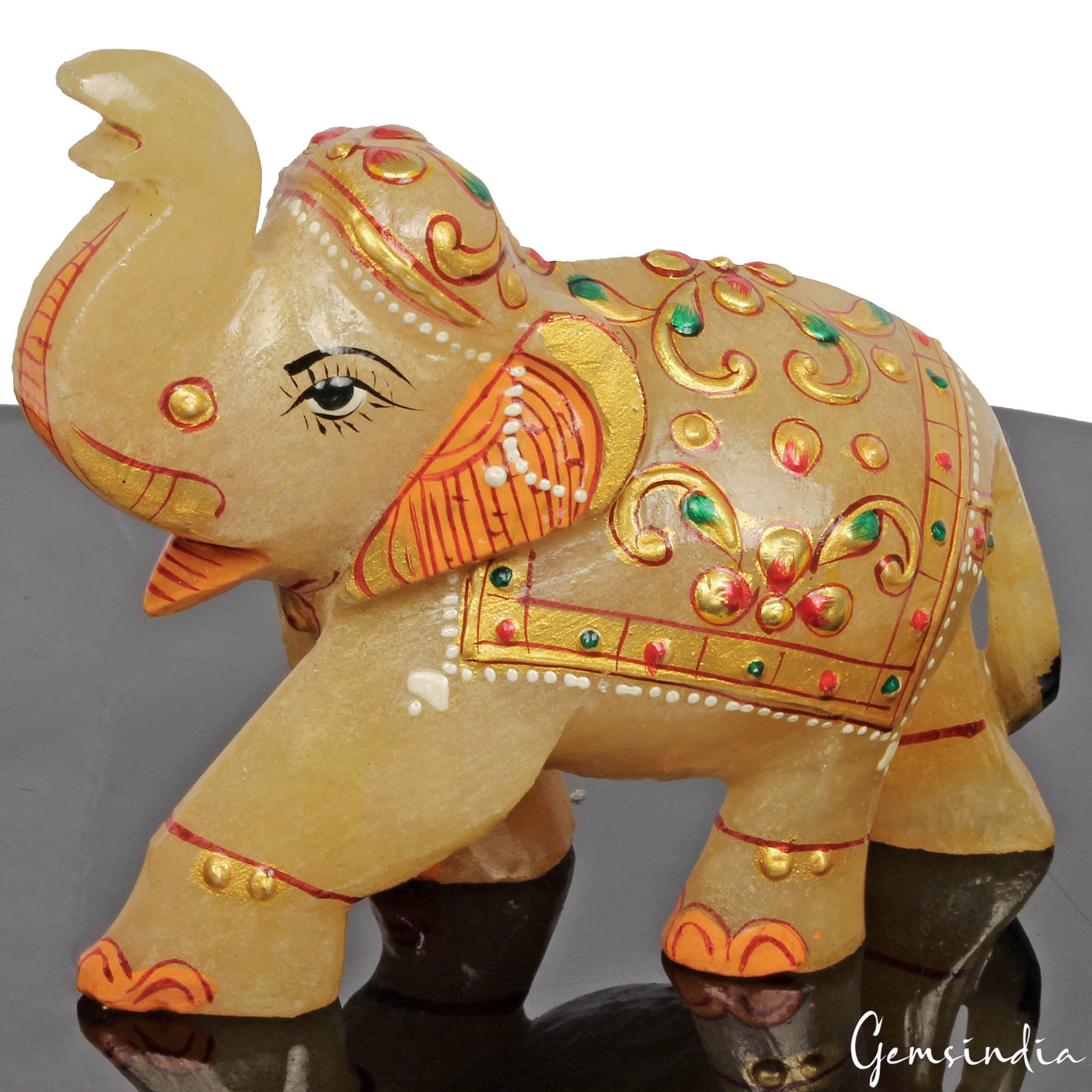 1420 Ct Hand Crafted Gold Painted Trunk Up Elephant Natural Aventurine Sculpture