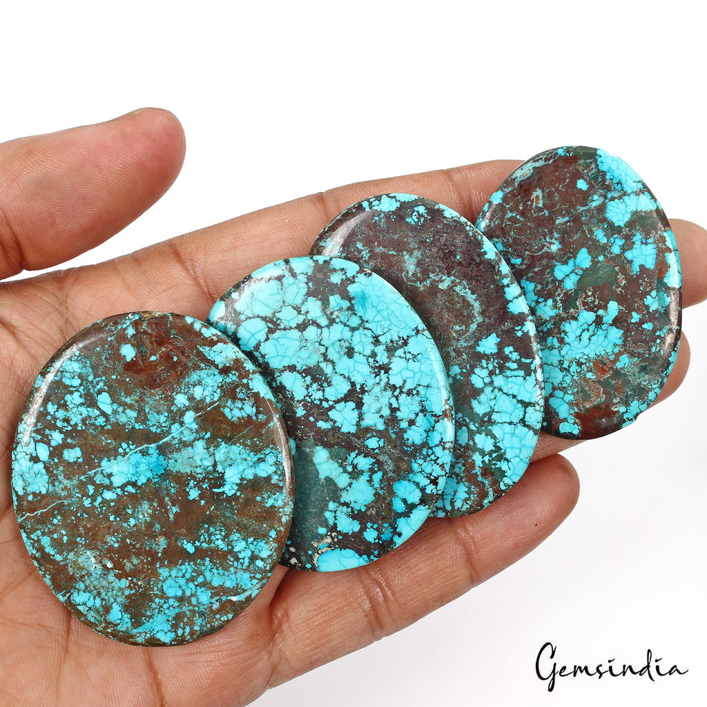 500 Cts/4 Pcs Natural Spiderweb Blue Turquoise Oval Cab Loose Gems For Pendants