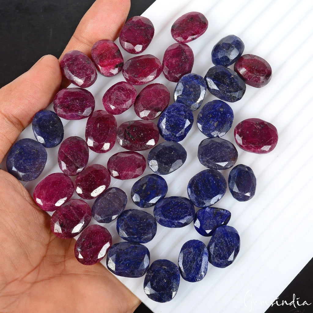 770 Ct/40 Pcs Natural Red Ruby Blue Sapphire Oval Cut Loose Gems Lot For Jewelry