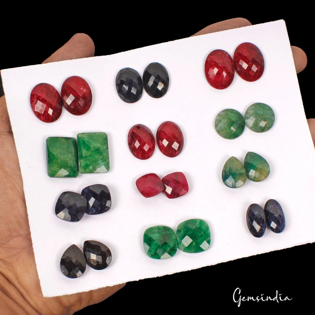 12 Pairs Wholesale Lot Natural Ruby Sapphire & Emerald Mix Cut Gems For Earrings