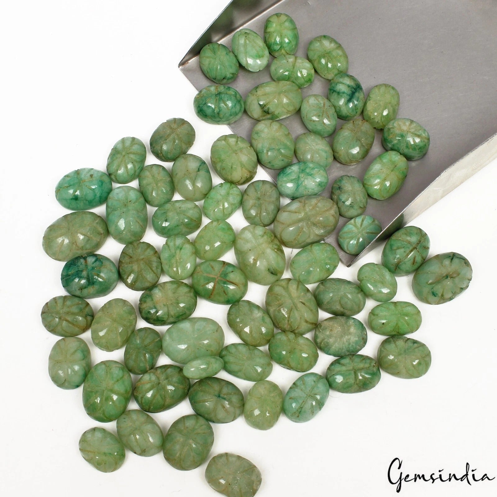 700 Ct/66 Pcs Natural Green Brazilian Emerald Oval Cut Hand Carved Loose Gem Lot