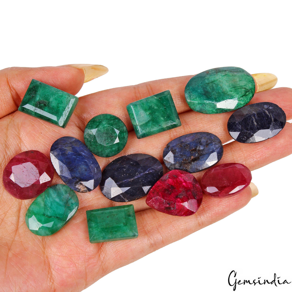 13 Pc Natural Emerald Ruby Sapphire Mix Cut Top Grade Certified Gemstones 300 Ct