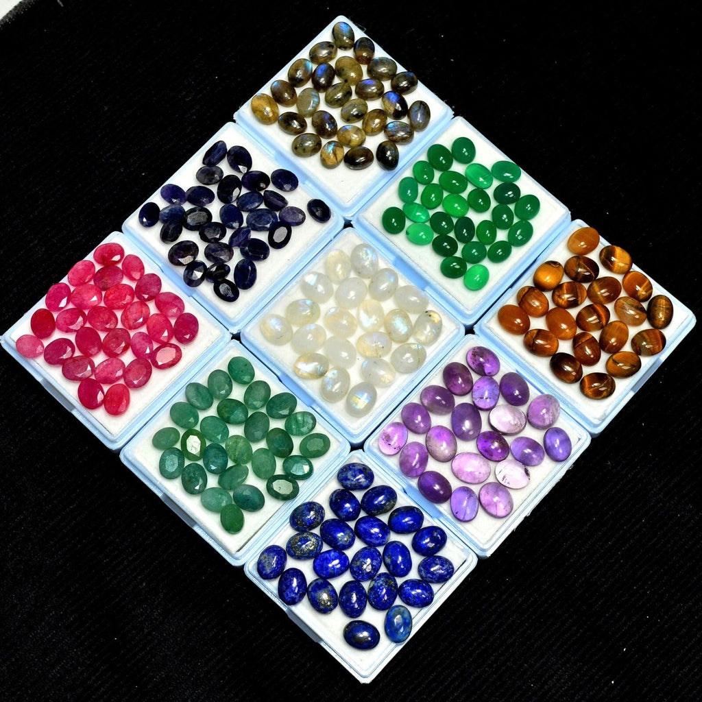 367 Ct/209 Pcs/9 box Full of Natural Multi Color Oval Gems Lot 6-9mm For Jewelry