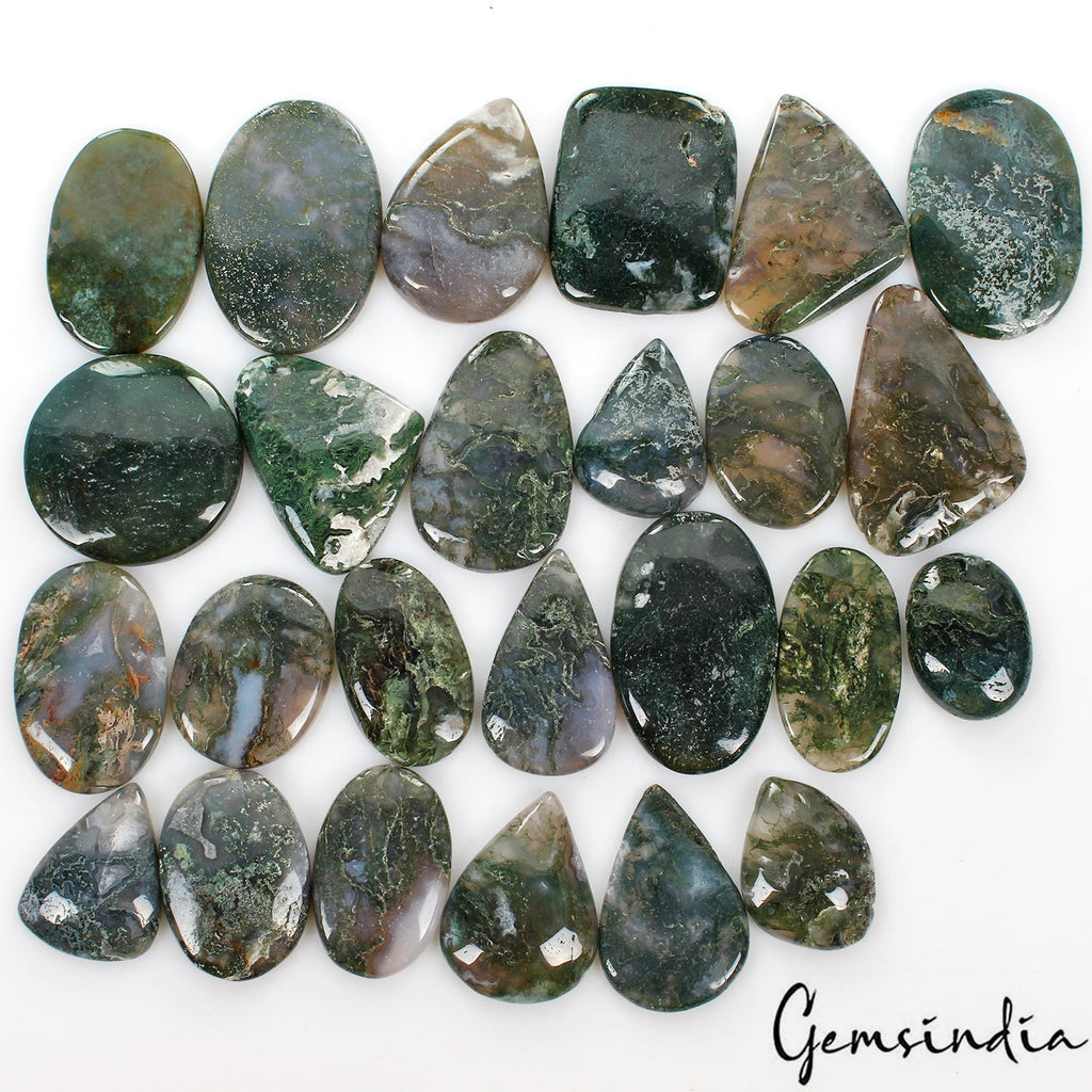 1530 Ct / 25 Pcs Natural Untreated White Green Moss Agate Mix Cab Wholesale Gems