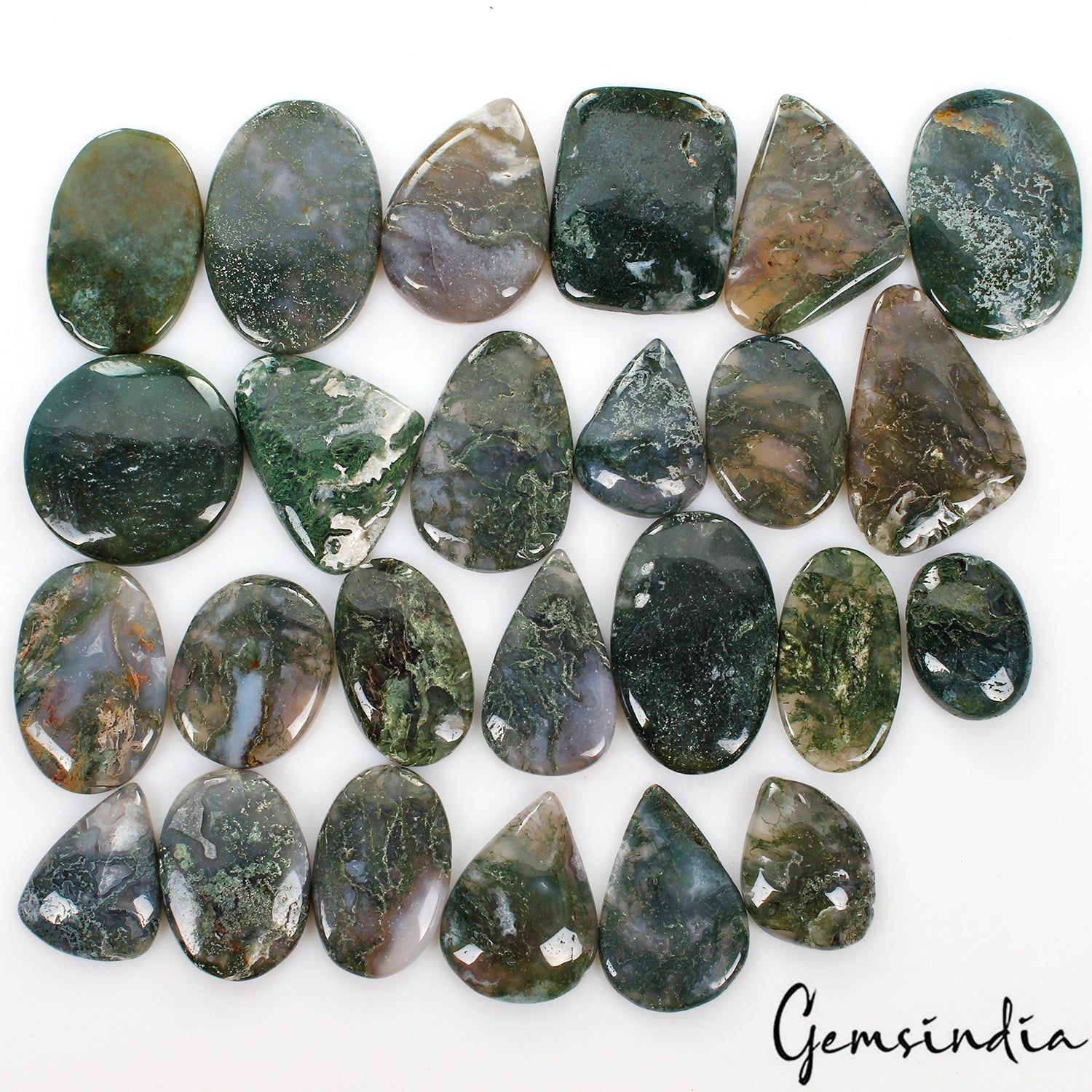 1530 Ct / 25 Pcs Natural Untreated White Green Moss Agate Mix Cab Wholesale Gems