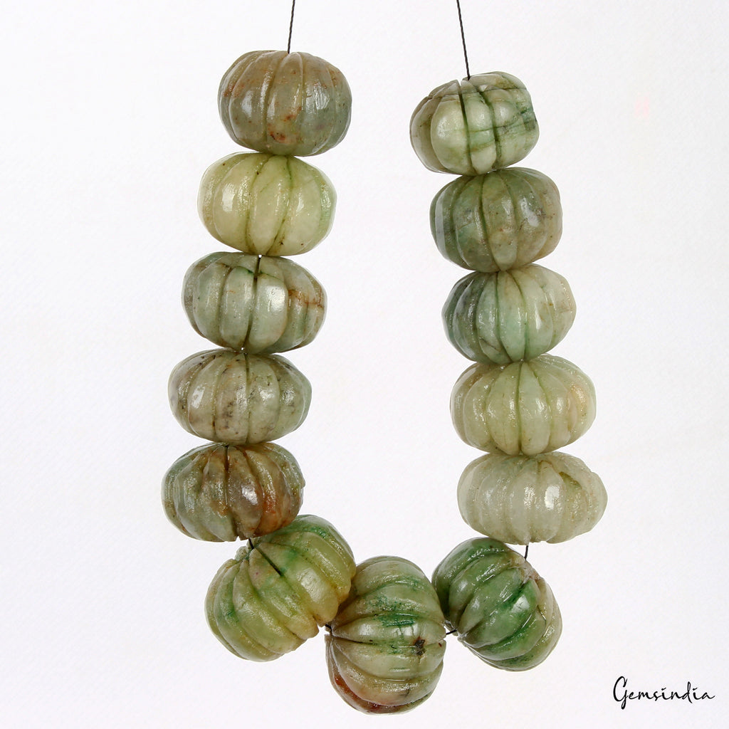700 Cts Natural Green Emerald Melon Beads Drilled Carved Loose Gemstones 13 Pcs
