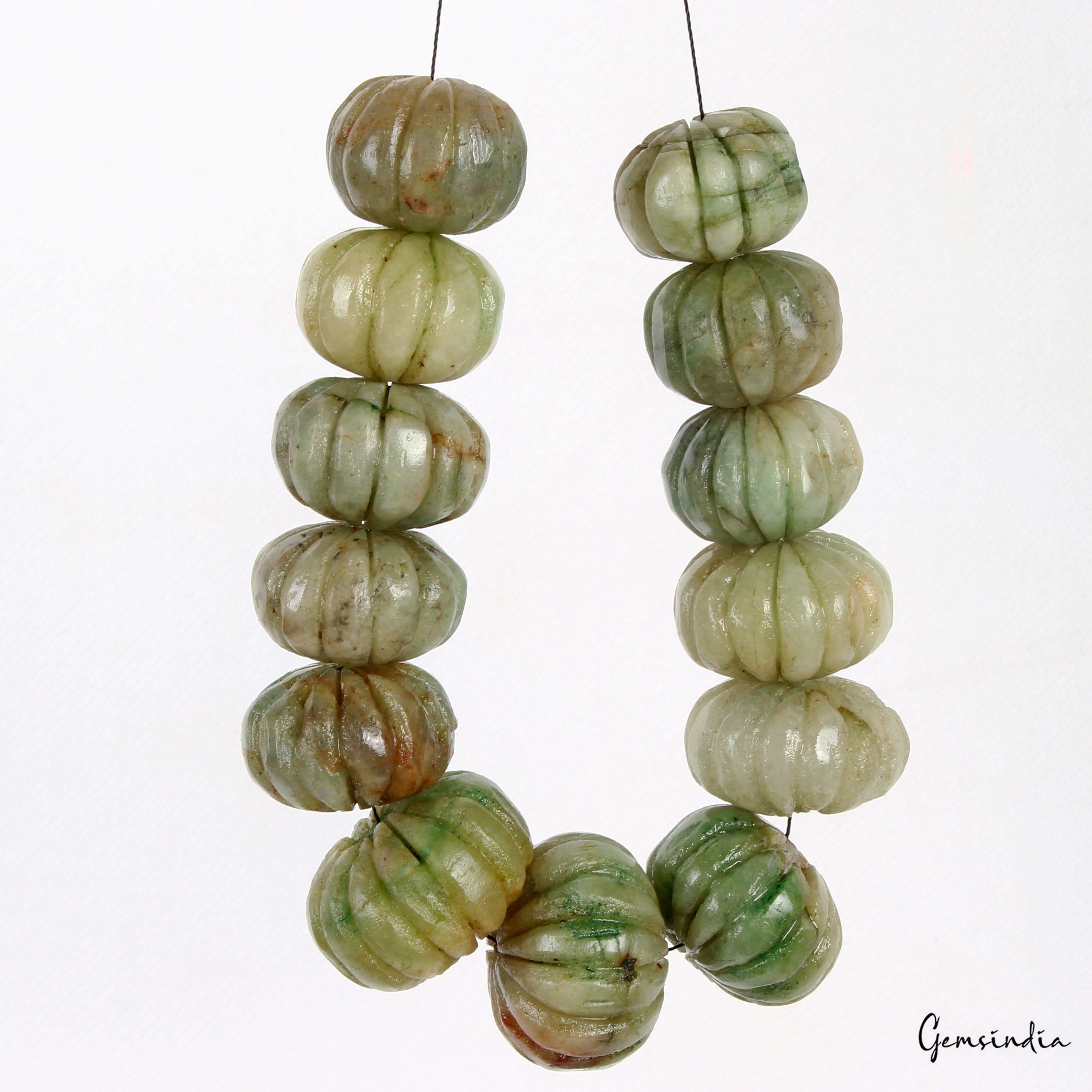 700 Cts Natural Green Emerald Melon Beads Drilled Carved Loose Gemstones 13 Pcs