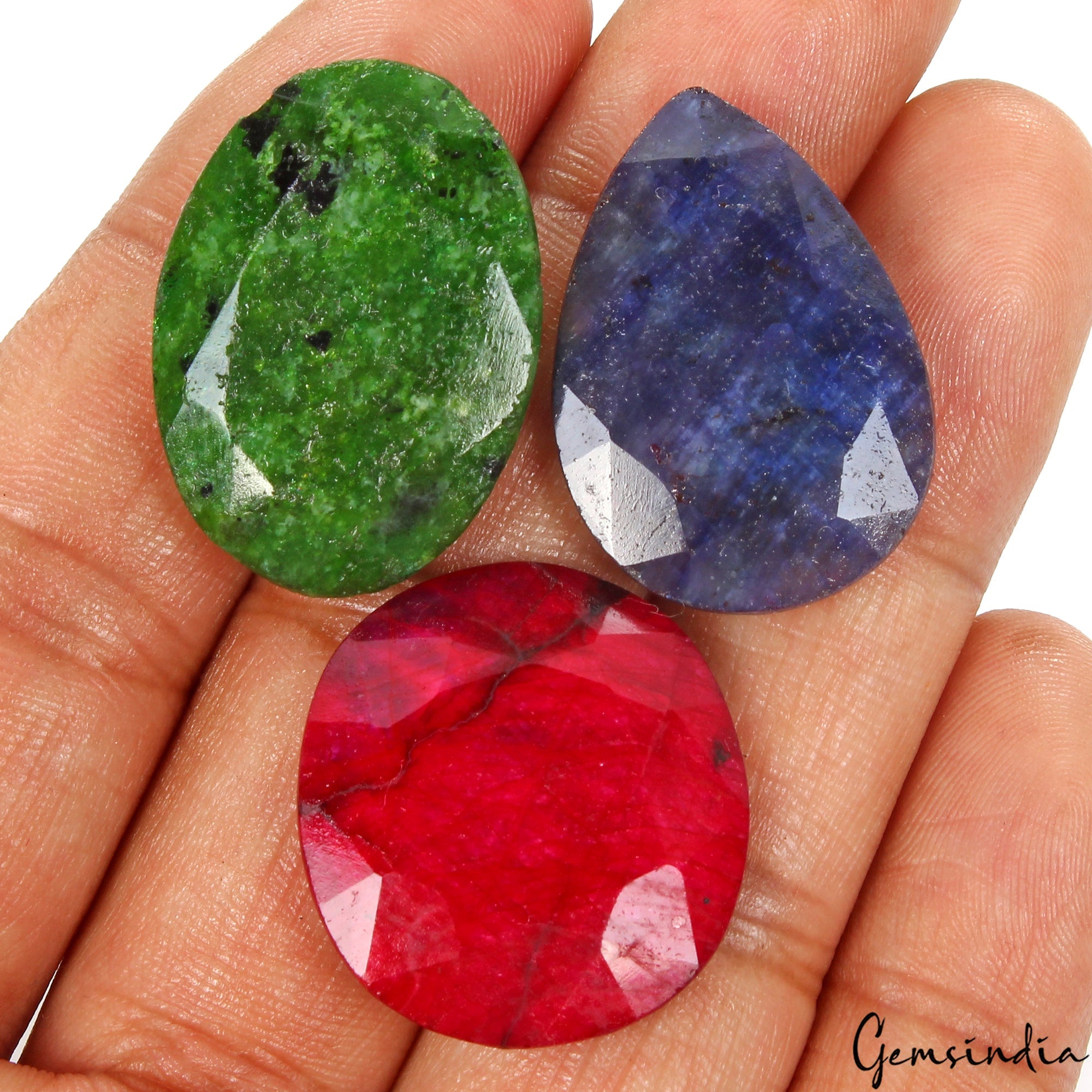 Certified 120 Ct Natural Ruby Emerald Sapphire Loose Pendant Size Gemstones~3 Pc