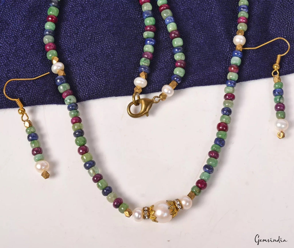 134.50 Cts Emerald Ruby Sapphire Gemstone Beaded Handmade Necklace with Earrings