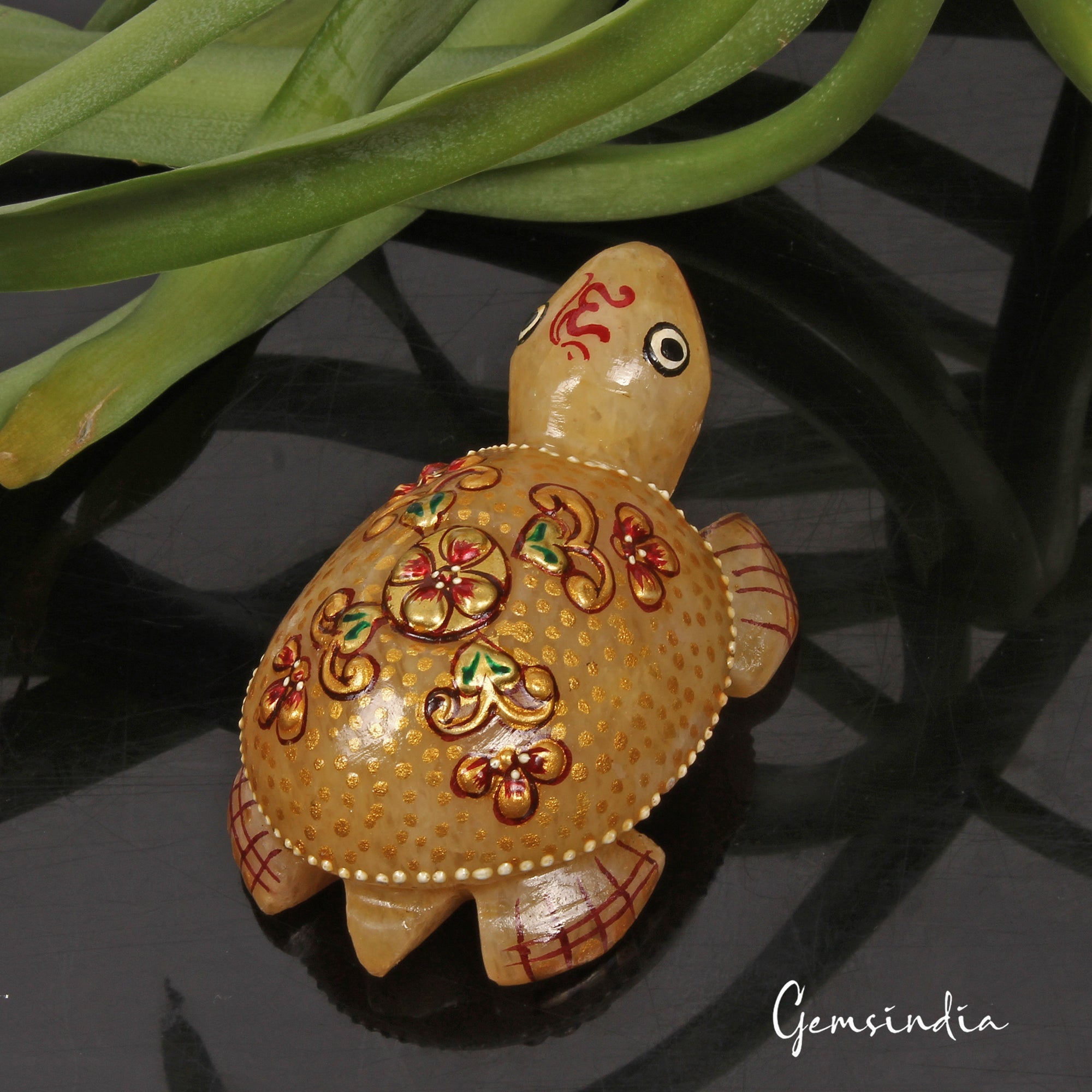 580 Cts Natural Untreated Yellow Aventurine Turtle Carved Golden Patined Statue