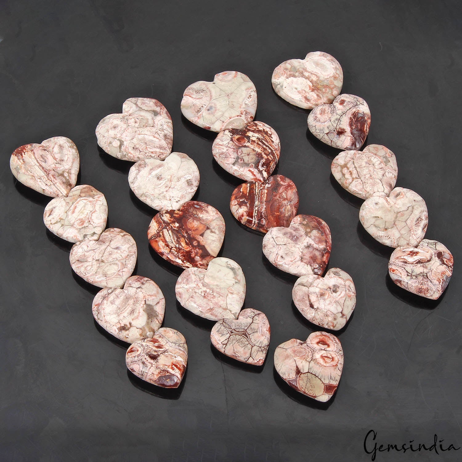 500 Cts/21 Pcs Natural Bi Color Rhyolite Jasper Heart Cab Artistic Pattern Gems