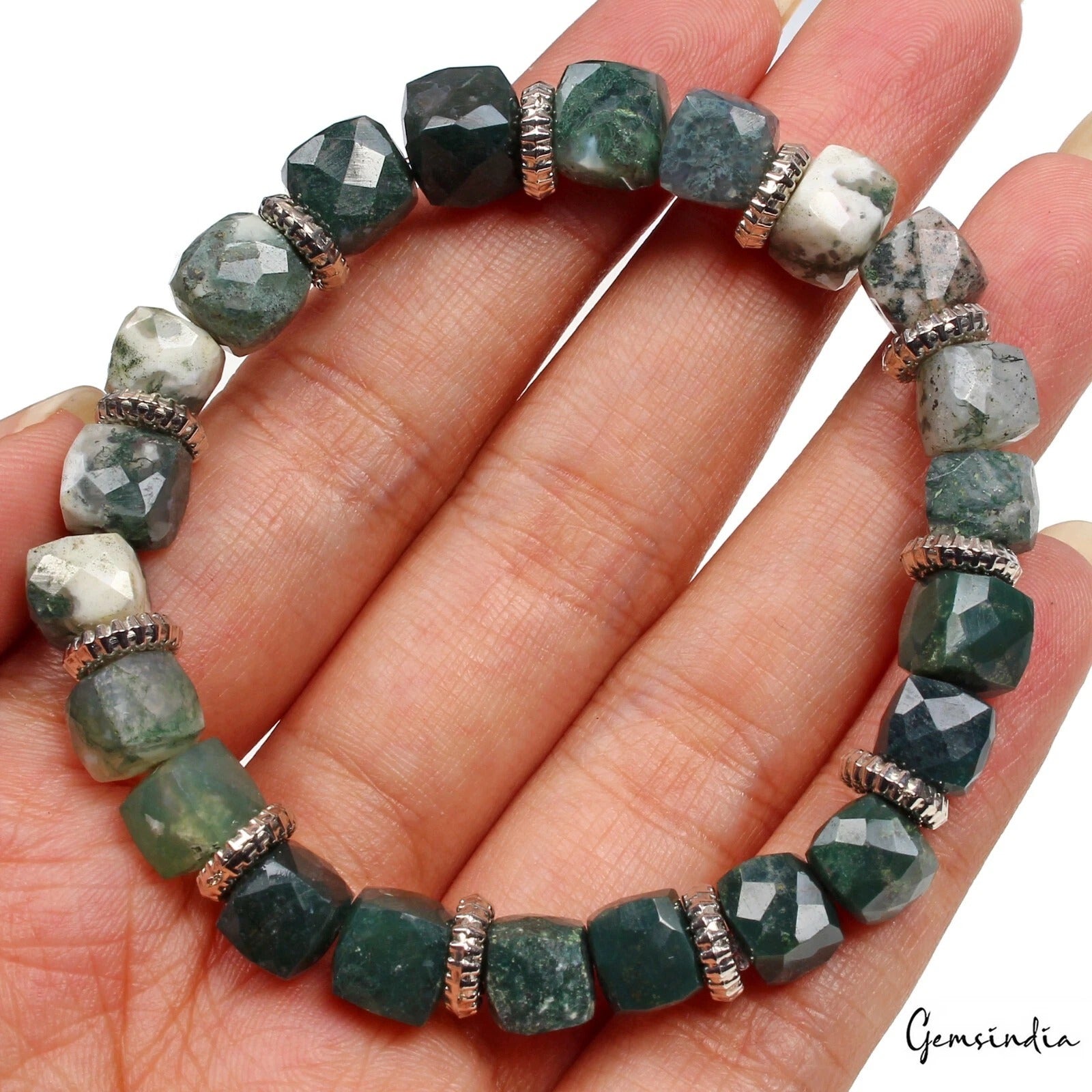 92.10Ct Natural Untreated Bi-color Moss Agate Dice Cut Bead Stretchable Bracelet