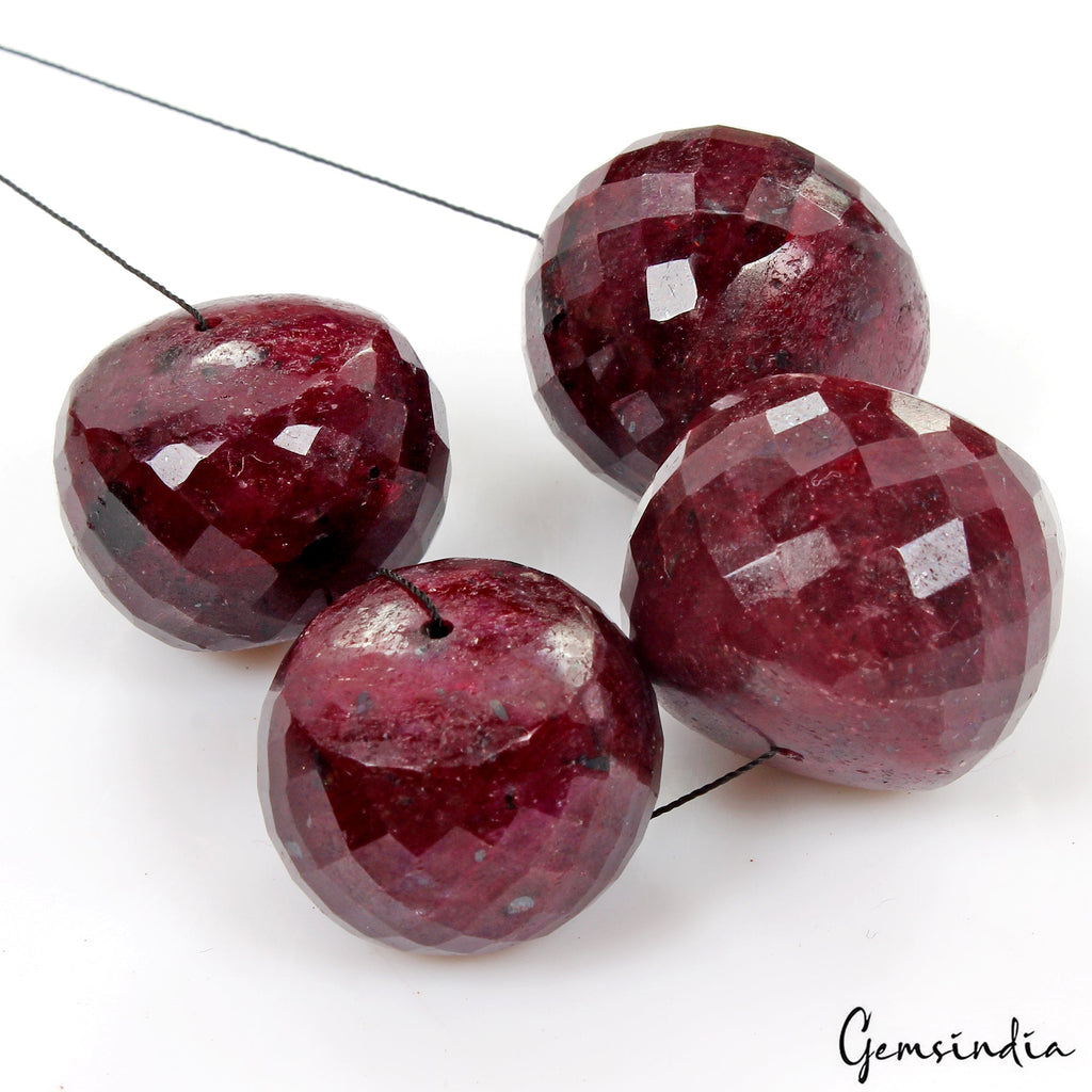 4 Pcs Natural Red Ruby Round Checker Cut Huge Drilled Bead Gemstones Lot~ 640 Ct