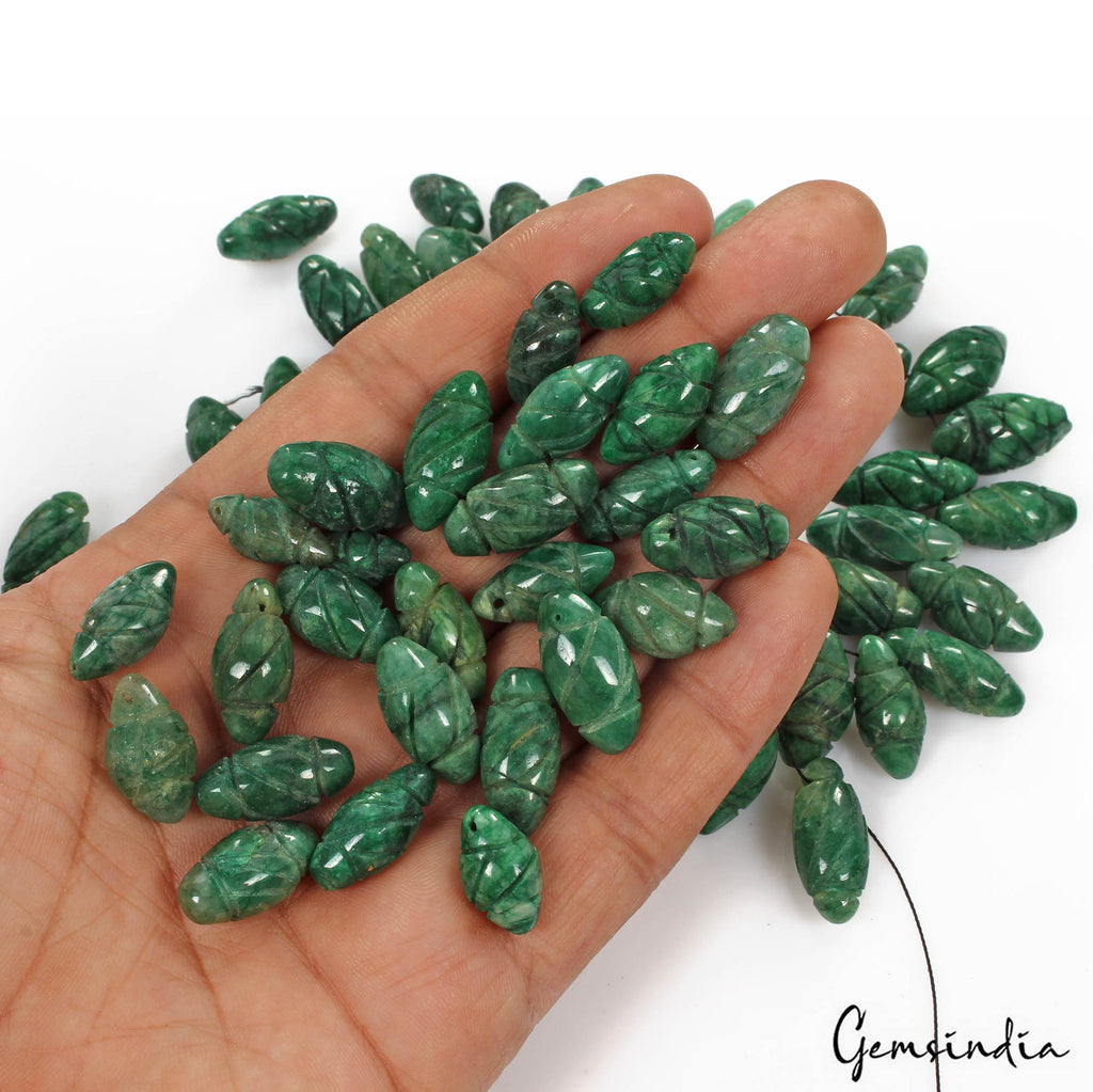 590 Cts/57 Pcs Natural Green Emerald Gem Drum Shape Carved Drill Bead/Briolettes