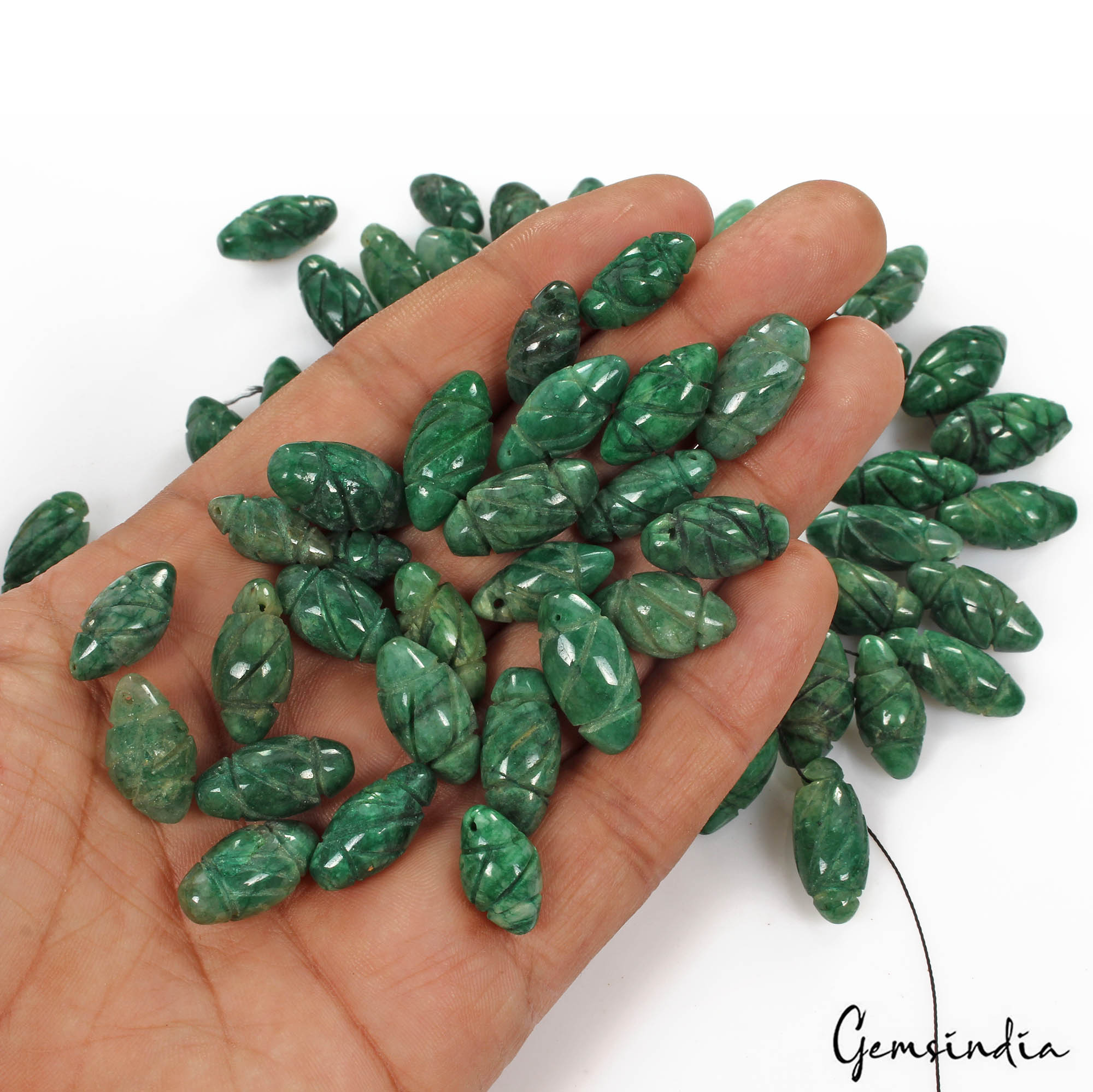 590 Cts/57 Pcs Natural Green Emerald Gem Drum Shape Carved Drill Bead/Briolettes