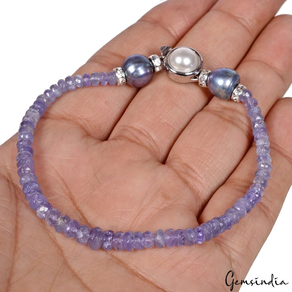 54.85Ct Natural Untreated Blue Tanzanite Pearl Round Beaded Handmade Bracelet 8