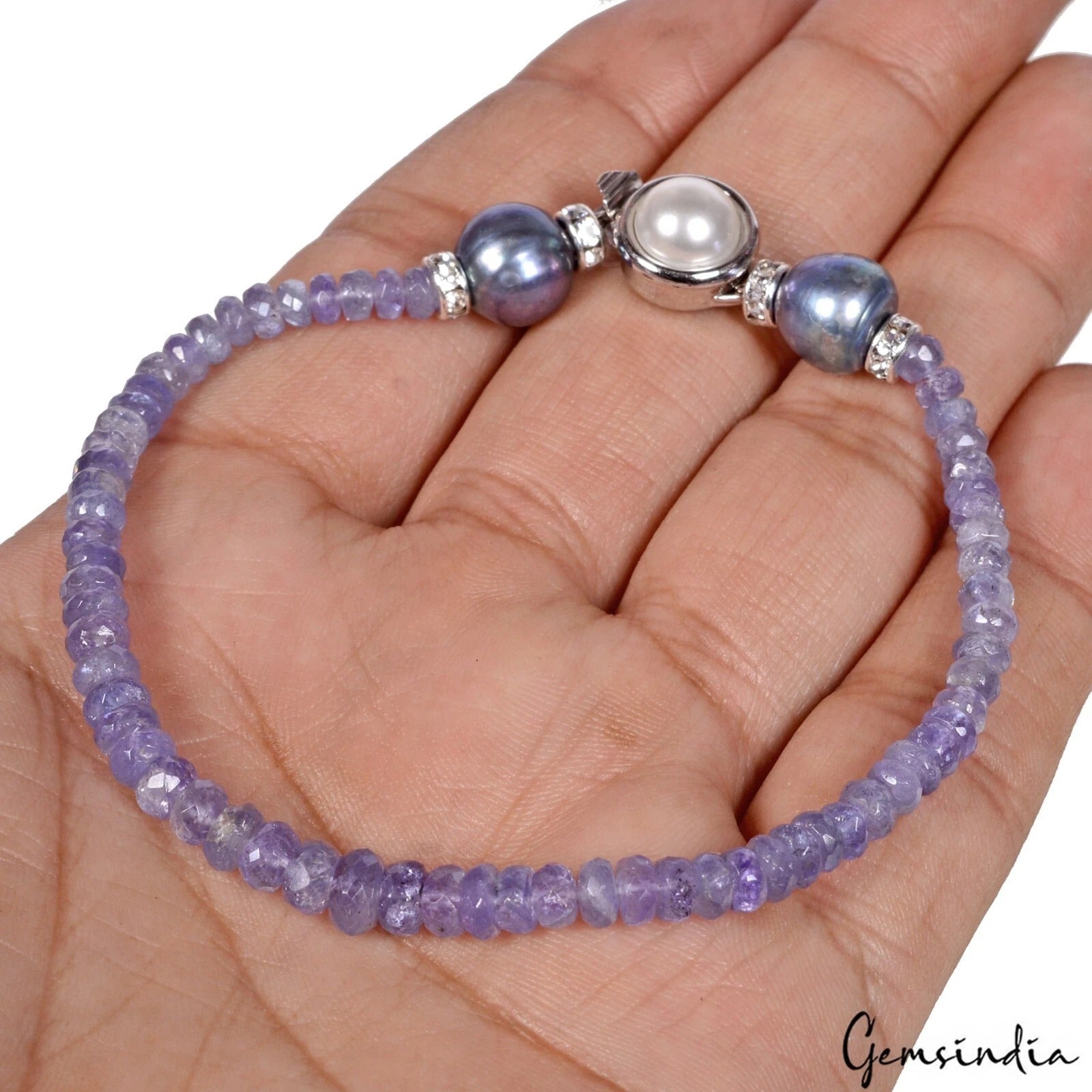 54.85Ct Natural Untreated Blue Tanzanite Pearl Round Beaded Handmade Bracelet 8