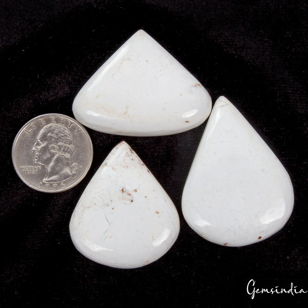 Natural White Buffalo Turquoise 33-44mm Pear Cabochon 3 Pcs Loose Gemstones Lot