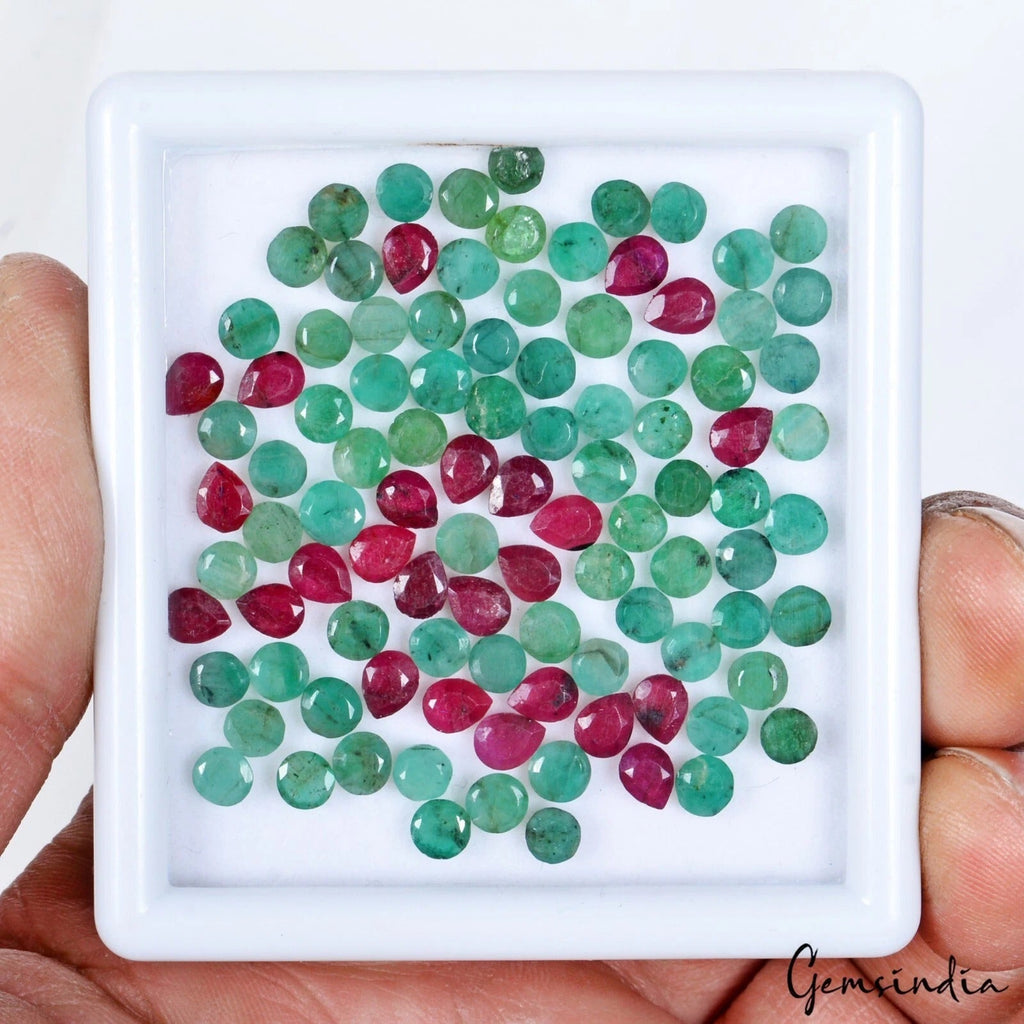 39.10 Cts/100 Pcs Natural Red Ruby Green Emerald Round Pear Cut Gems For Jewelry