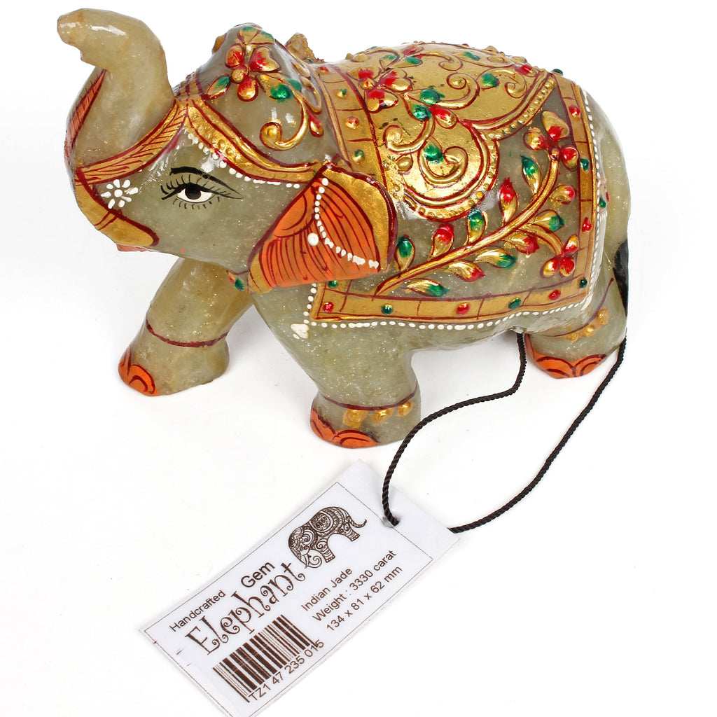 3330 Cts Natural Aventurine Gold Painted Trunk Up Elephant Home Decor/ Sculpture