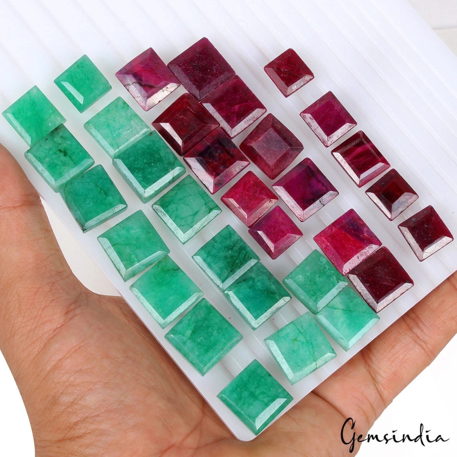 Emerald Lot, Loose Gemstone, Square Cut, Color Enhanced — 32 Pieces, 11mm to 16mm, 550 Ct, Brazil