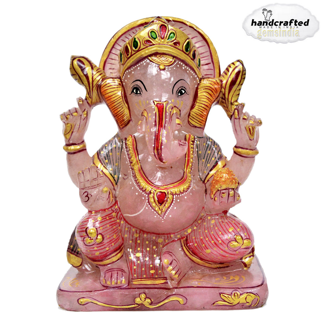 1.7 Kg Natural Rose Quartz Single Stone Carved Lord Ganesha Gold Paint Sculpture