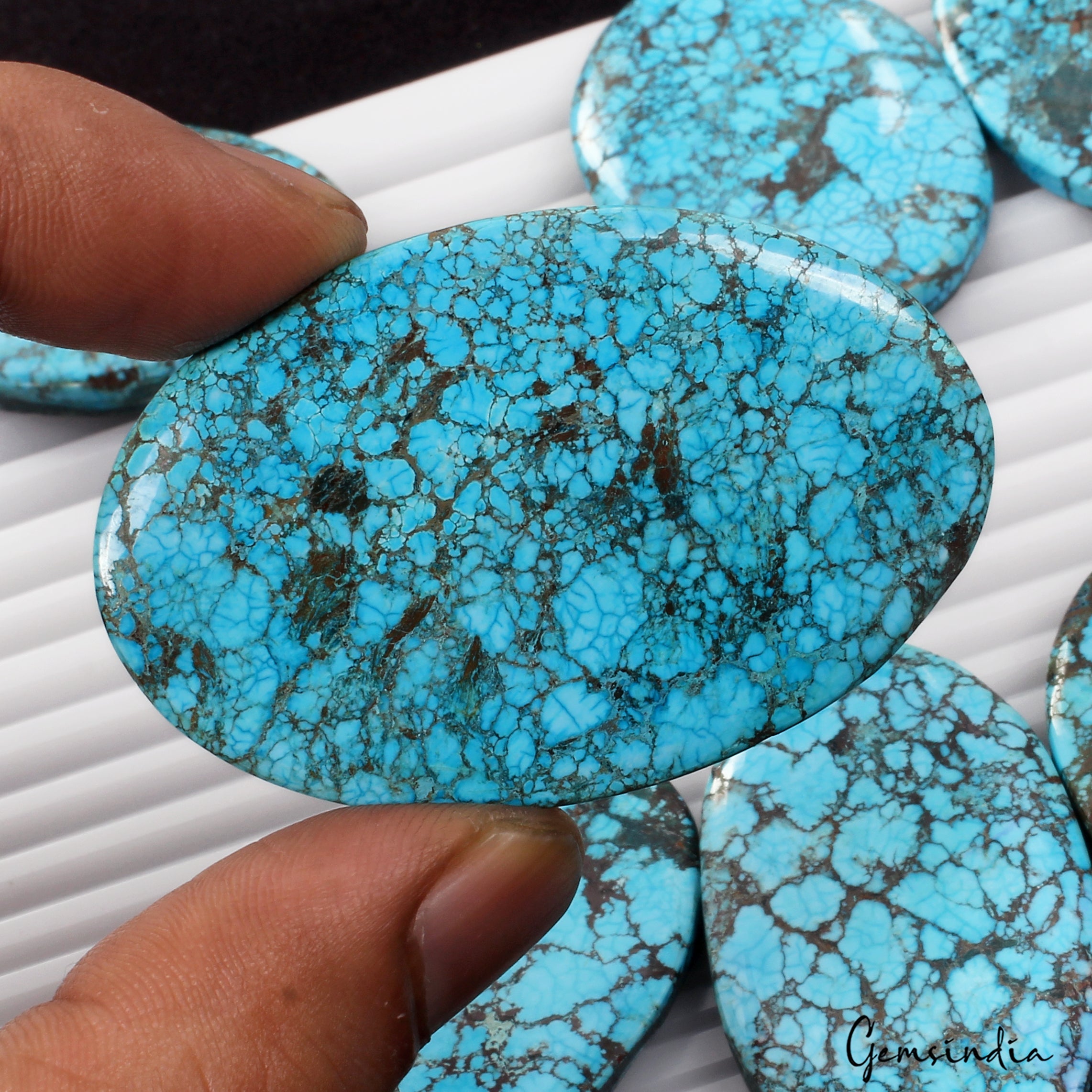 800 Ct/8 Pcs Natural Spiderweb Blue Turquoise Oval Cabochon Loose Gemstone Lot