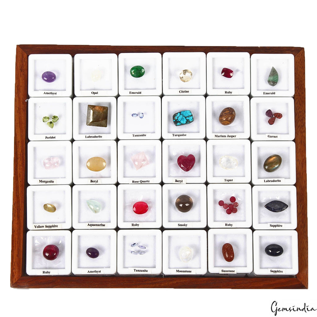 44 Pcs Estate Genuine Semi Precious Loose Multi Color Gems Collection+Wooden Box