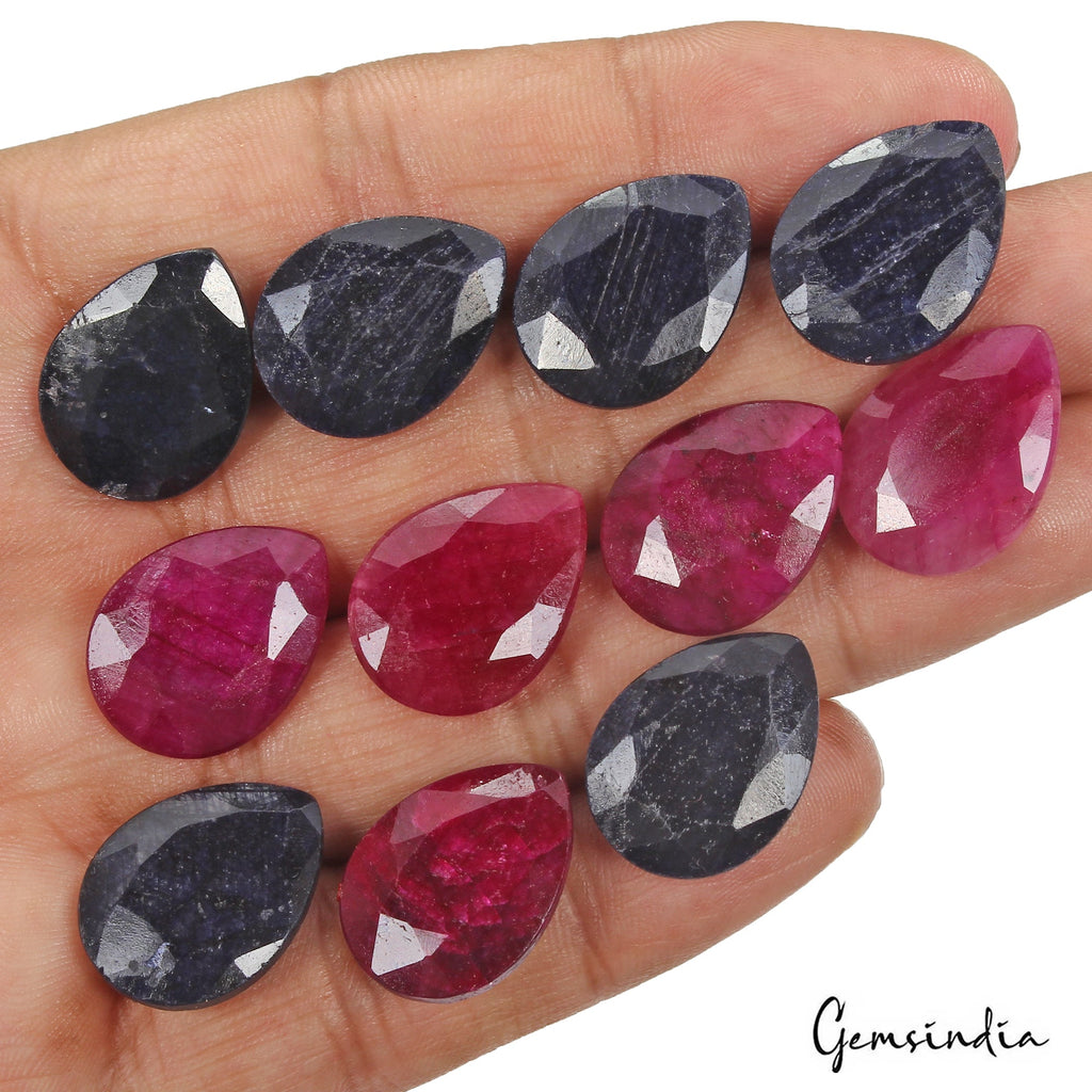 Certified 180 Cts/11 Pcs Natural Red Ruby Blue Sapphire Pear Calibrated Gems Lot