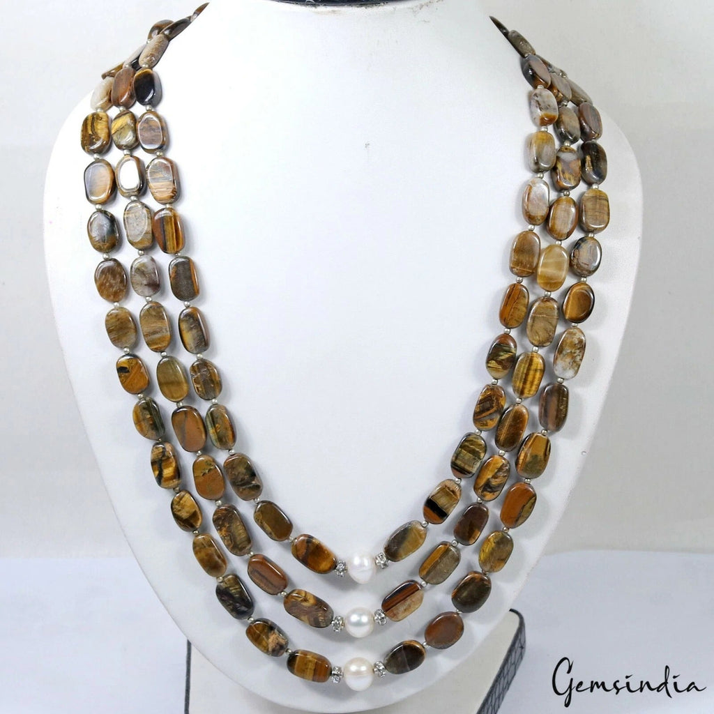 663 Cts Natural Untreated Tiger Eye Oval Cab Beaded Handmade Necklace & Earring
