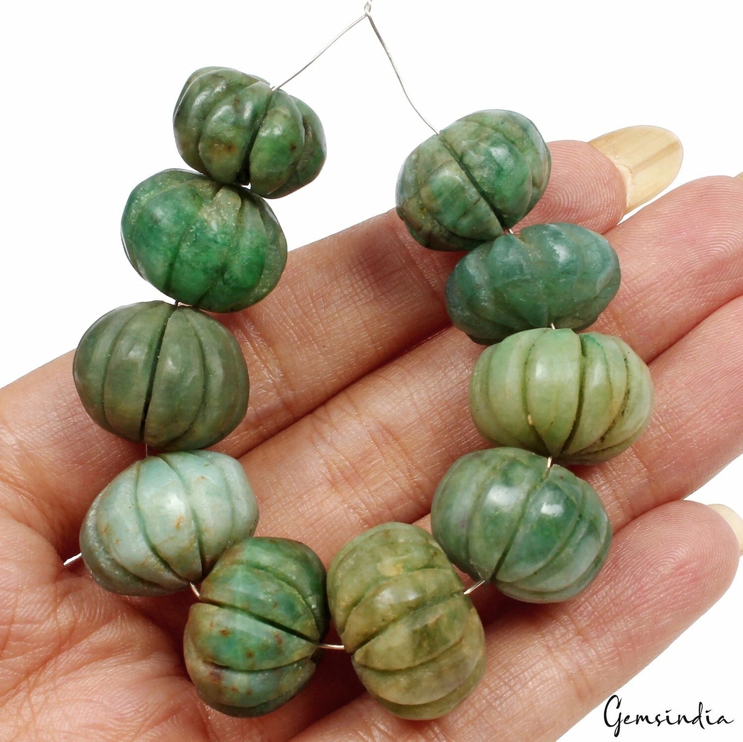 260.25 Ct/10 Pcs Natural Green Emerald Center Drill Pumpkin Cut Carved Gems Lot