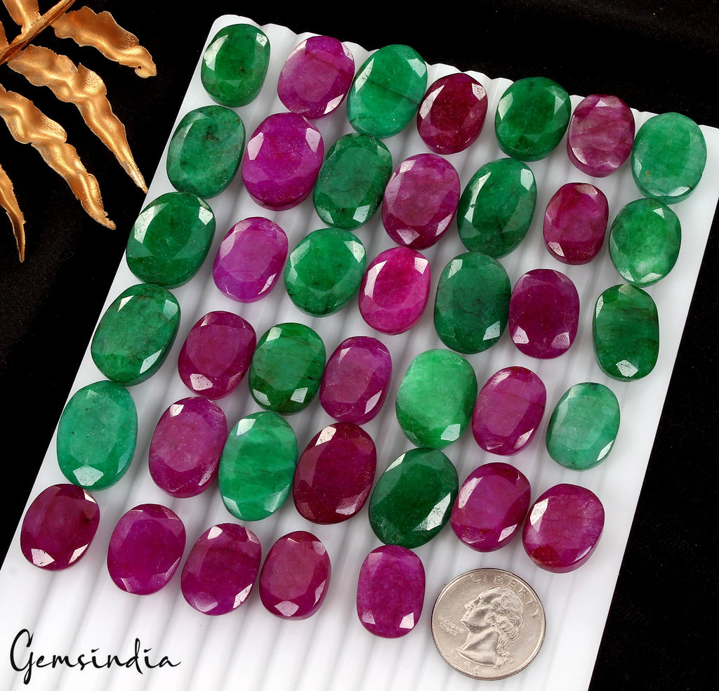 1000Ct/40Pcs Natural Red Beryl/Green Emerald Oval Cut Loose Gems Lot For Jewelry