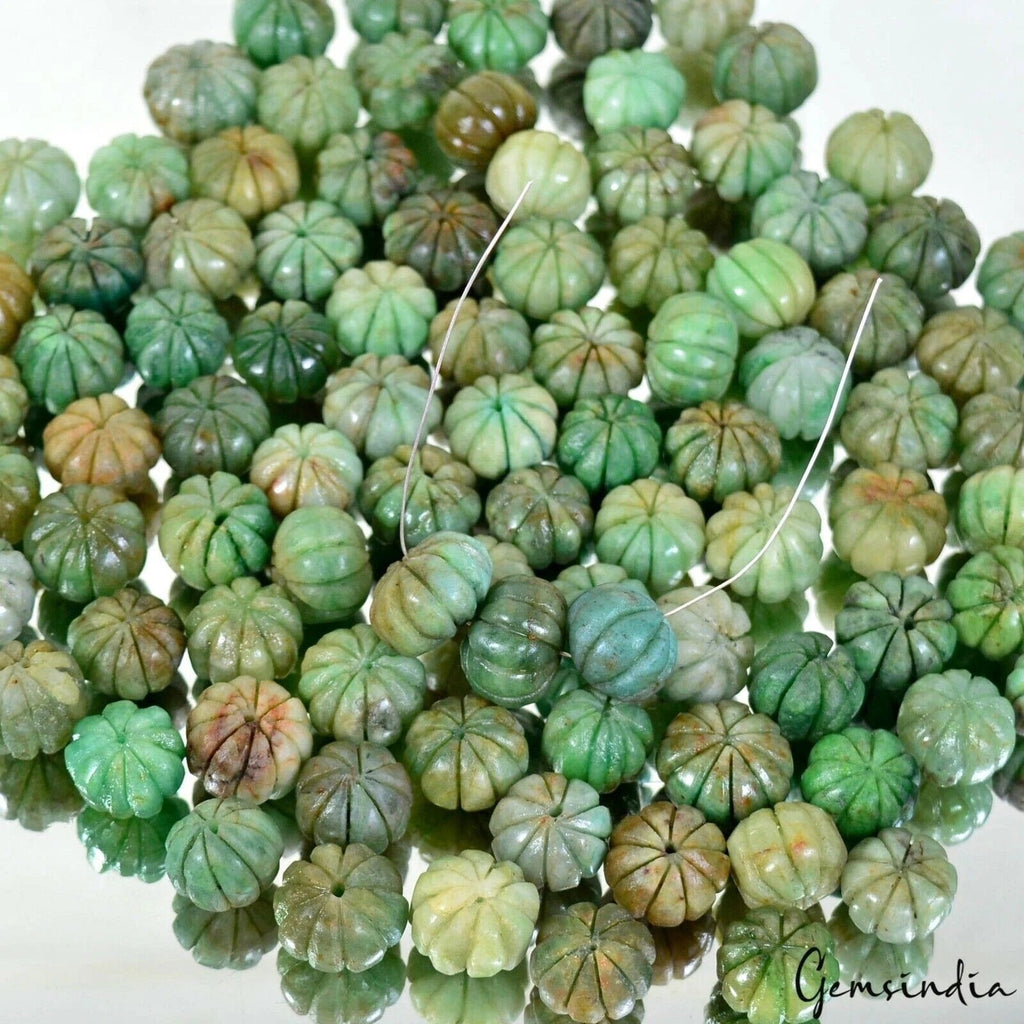 2000 Cts/95 Pcs Natural Green Emerald Round Drill Pumpkin Carved Beads Gems Lot