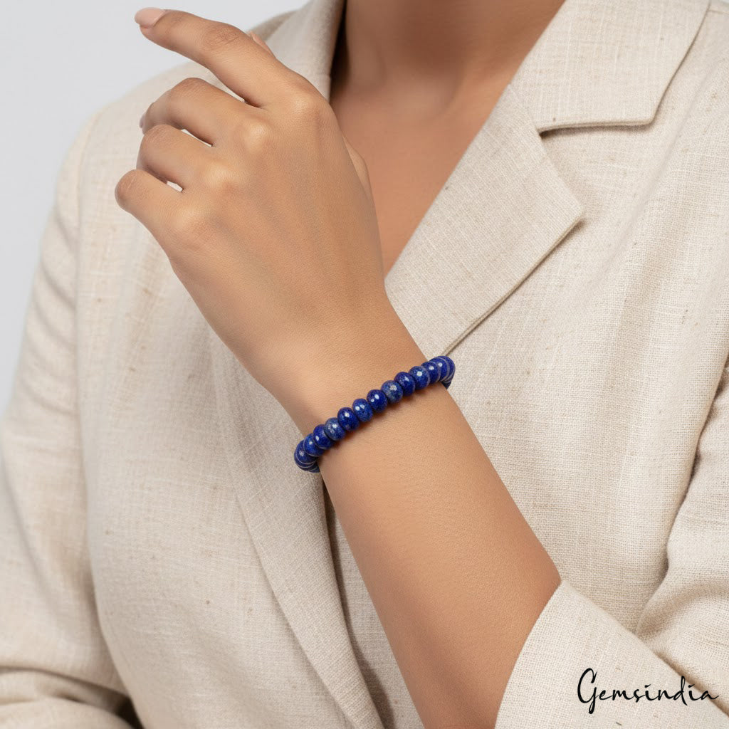 88.60 Cts Natural Lapis Lazuli Round Beads Elastic Adjustable Stretch Bracelet