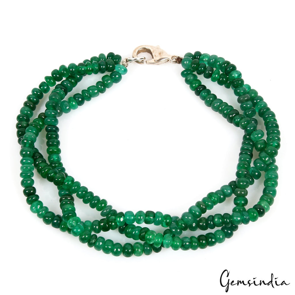 7.5 In Natural Zambian Emerald Twisted Bracelet Cabochon Beads Silver Clasp