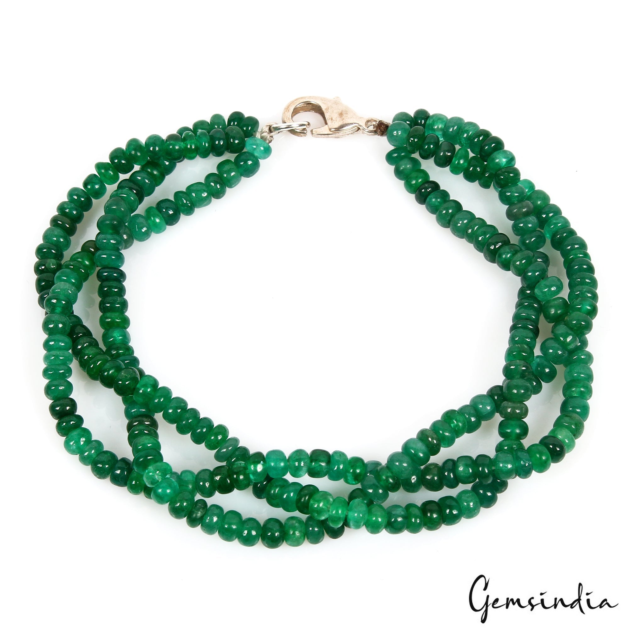 7.5 In Natural Zambian Emerald Twisted Bracelet Cabochon Beads Silver Clasp