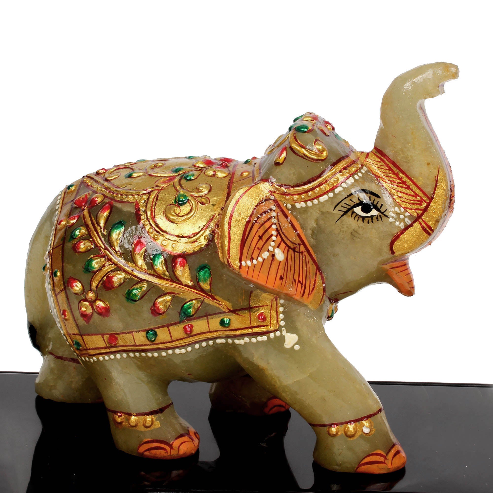 3330 Cts Natural Aventurine Gold Painted Trunk Up Elephant Home Decor/ Sculpture