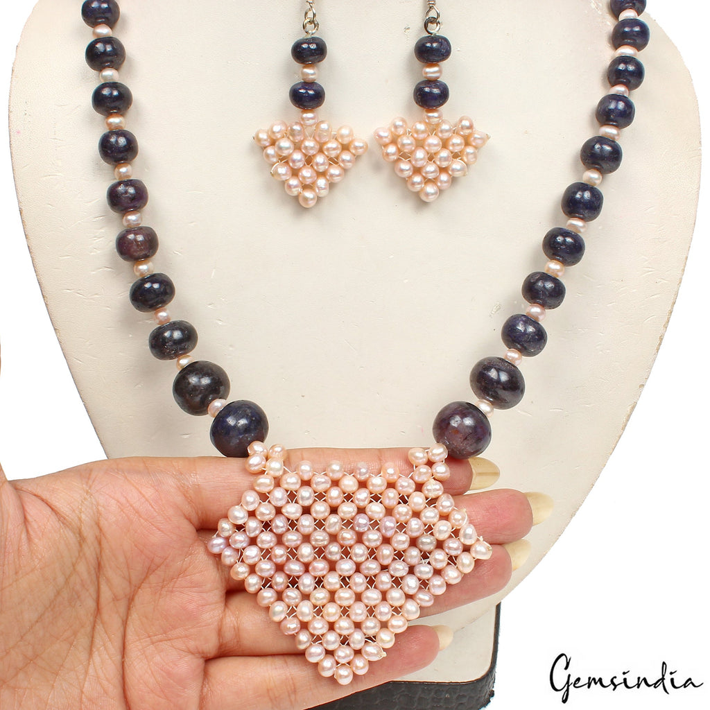 640.30 Cts Natural Blue Sapphire & Peach Pearl Round Beads Handmade Jewelry Set