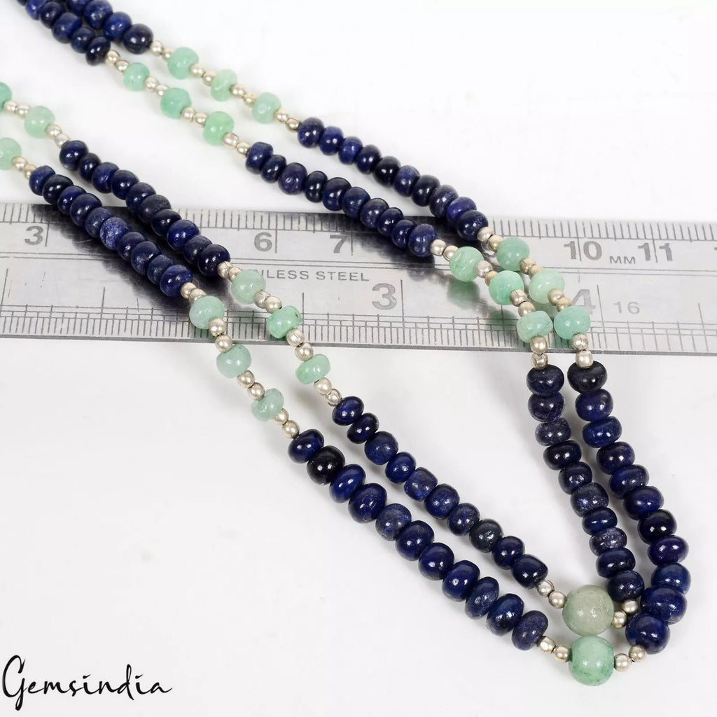 20" Long Natural Green Emerald & Blue Sapphire Beaded Handmade Necklace 150 Cts